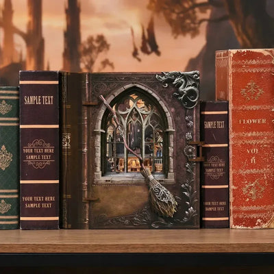 Book Nook chiuso tra libri decorativi esterni con testo segnaposto