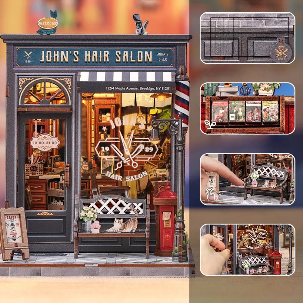 Nahaufnahme des Book Nook - John's Hair Salon mit reichhaltigen Details