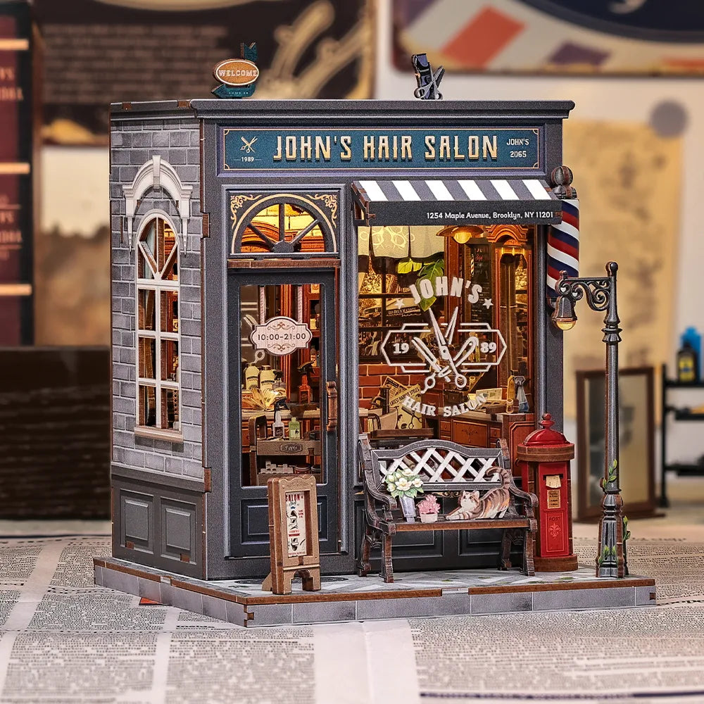 Seitliche Ansicht des Book Nook - John's Hair Salon mit gut sichtbaren Elementen