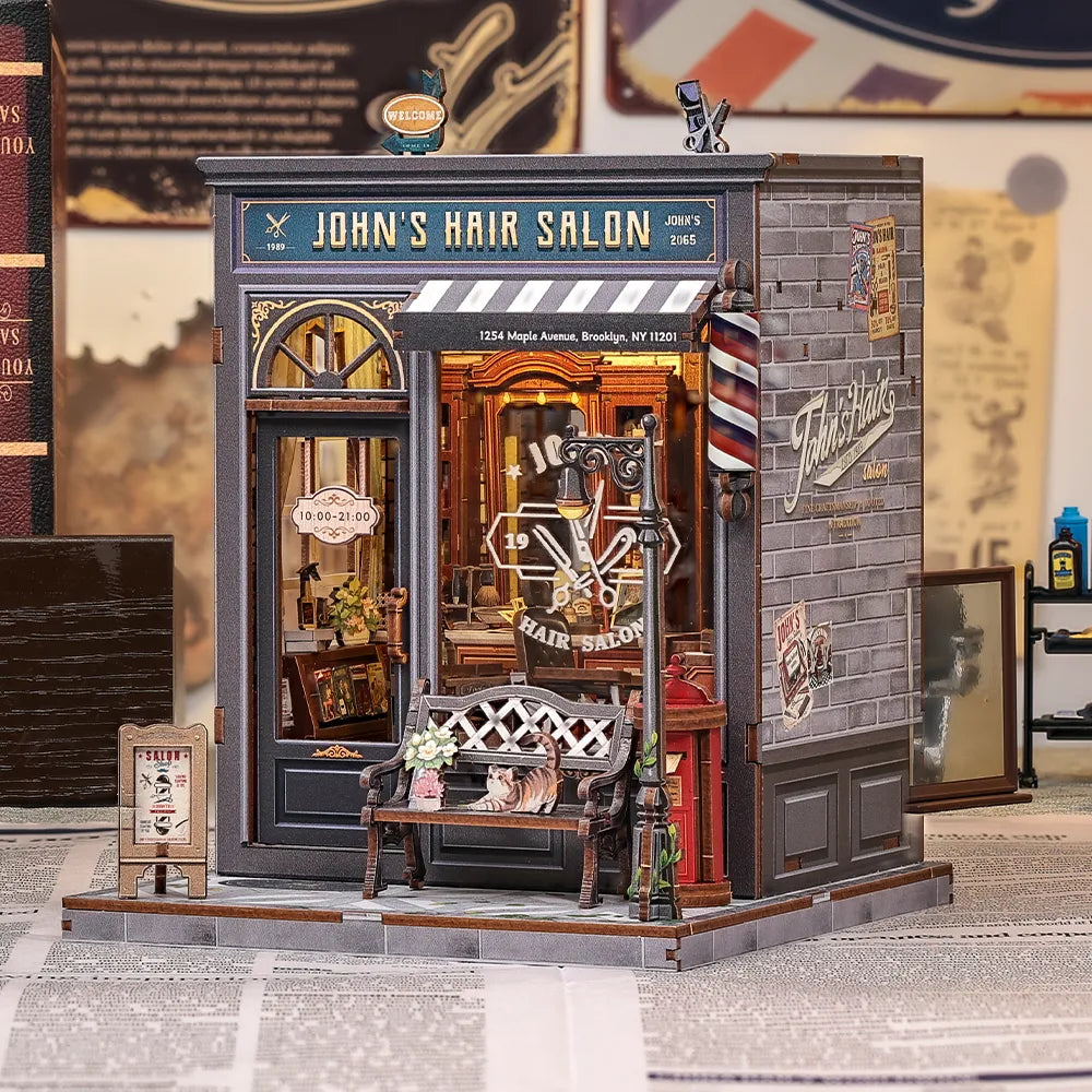 Seitliche Ansicht des Book Nook - John's Hair Salon mit gut sichtbaren Elementen