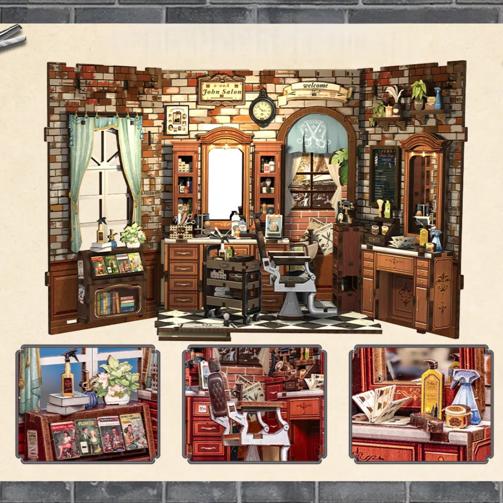 Nahaufnahme des Book Nook - John's Hair Salon mit reichhaltigen Details