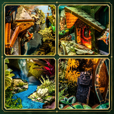 Detailcollage mit Expeditionslager, Ruinenportal und Tieren im Regenwald