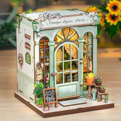 Seitliche Ansicht des Book Nook Kit | Champs-Élysées Florist mit gut sichtbaren Elementen