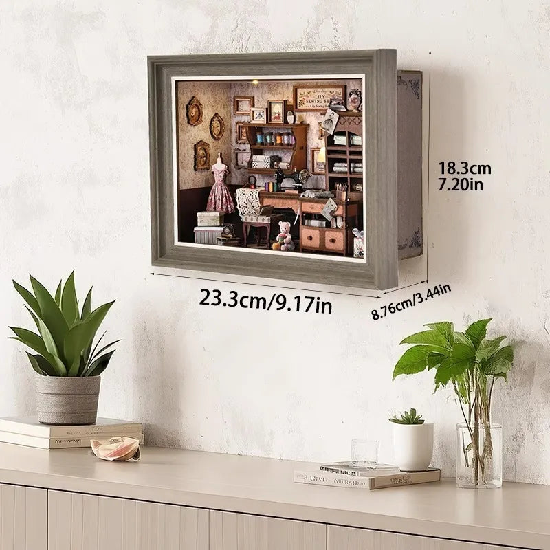 Book Nook Kit - Lily Sewing Shop mit detaillierten Abmessungen