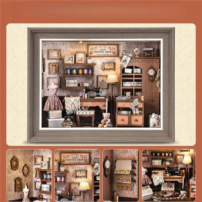 Nahaufnahme des Book Nook Kit - Lily Sewing Shop mit reichhaltigen Details