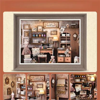 Nahaufnahme des Book Nook Kit - Lily Sewing Shop mit reichhaltigen Details
