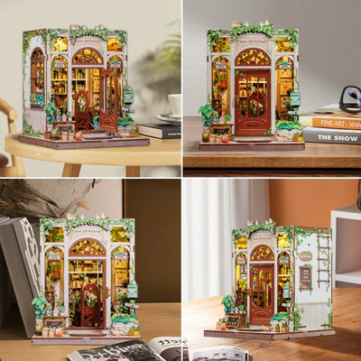 Book Nook Kit | Green Life Bookshop dekorativ auf einem Schreibtisch platziert
