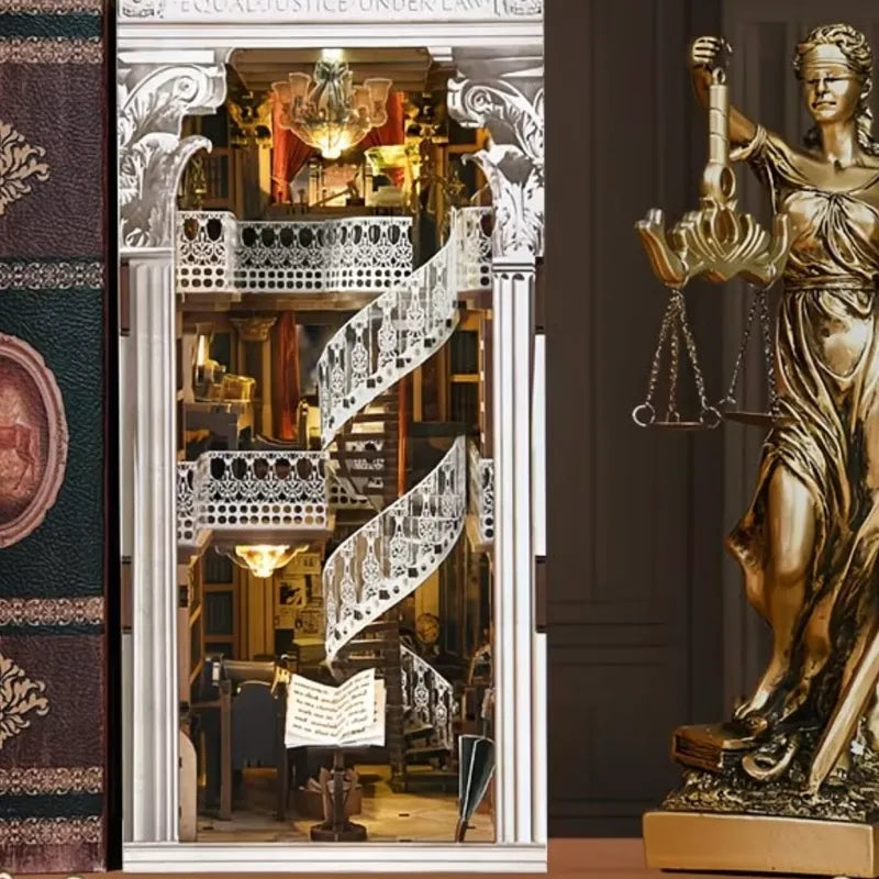 Vista frontale della Law Library tra libri decorativi e una statua esterna della Giustizia