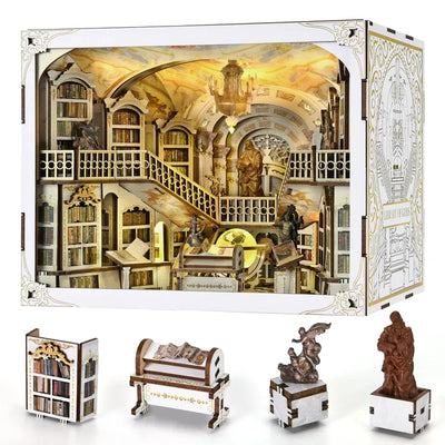 Library of Gods Max montata con libreria separata, leggio e statue in primo piano