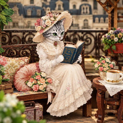Katzenfigur Madeleine mit Blumenhut und Buch auf dem Sofa