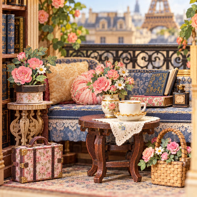 Sofa, kleiner Tisch, Blumen und Koffer im Miniatursalon