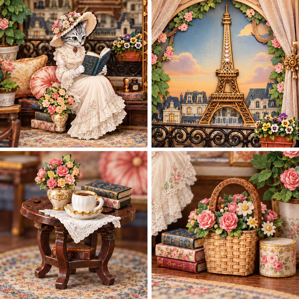 Vier Details mit Katzenfigur, Eiffelturm, Tisch und Blumen