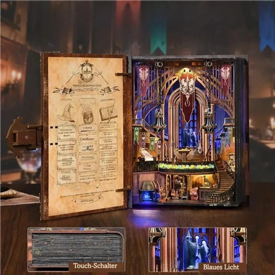 Magic Admissions Guide aperto con comando touch e sala illuminata di blu