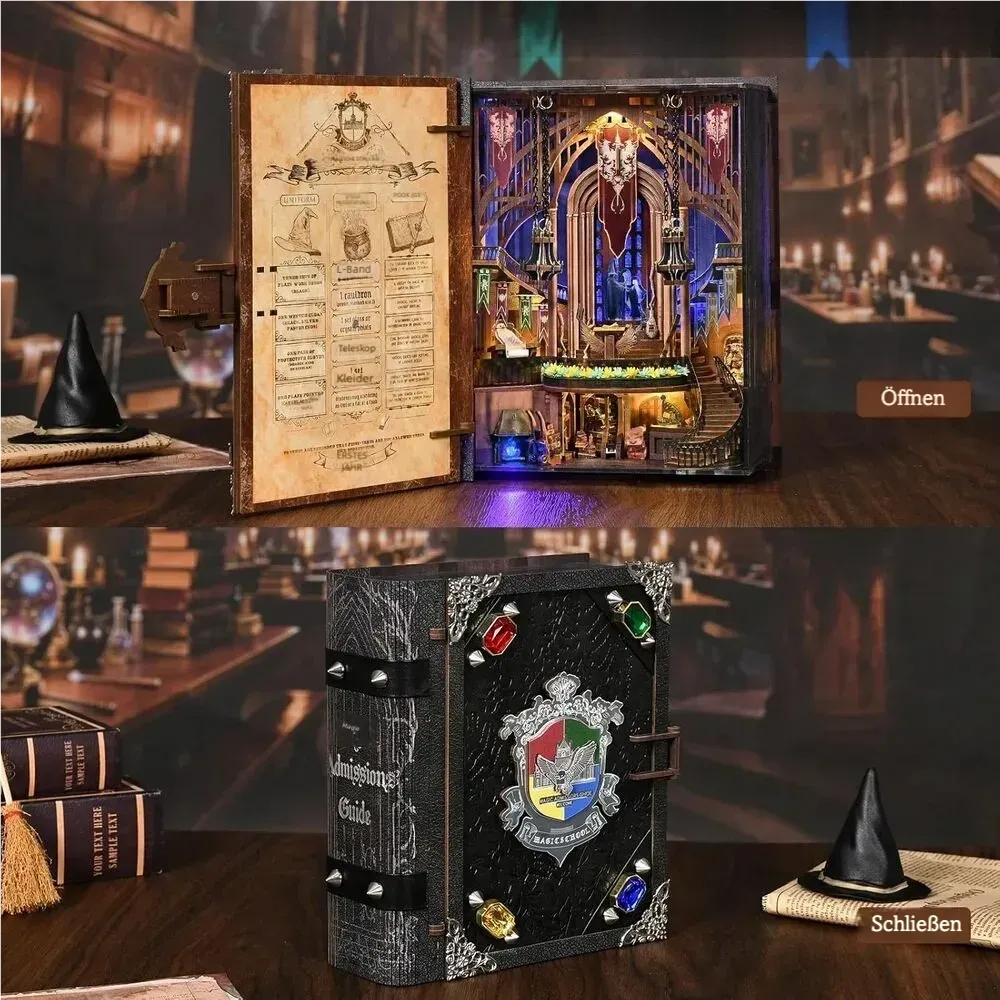 Magic Admissions Guide aperto con lista illustrata e sala, poi chiuso come un volume