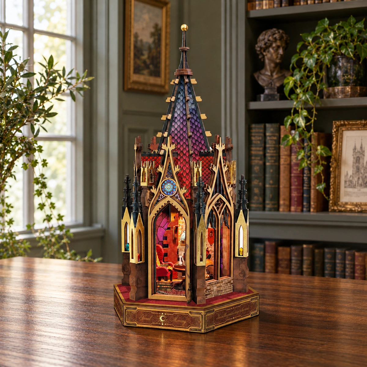 Vista laterale del book nook con lo studio in miniatura