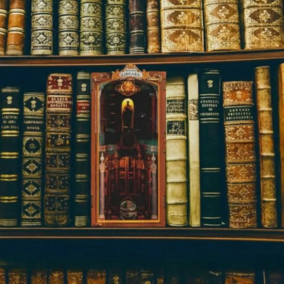 Book Nook - Monastery Library dekorativ auf einem Schreibtisch platziert