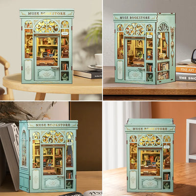 Seitliche Ansicht des Book Nook - Muse Bookstore mit gut sichtbaren Elementen