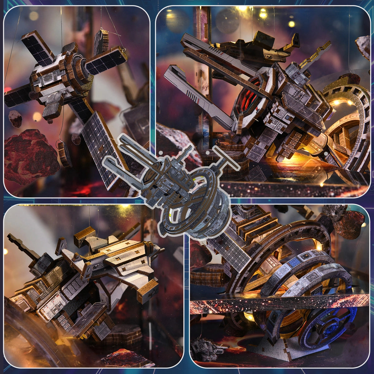 Detailcollage der kleinen Raumfahrzeuge und Ringstrukturen