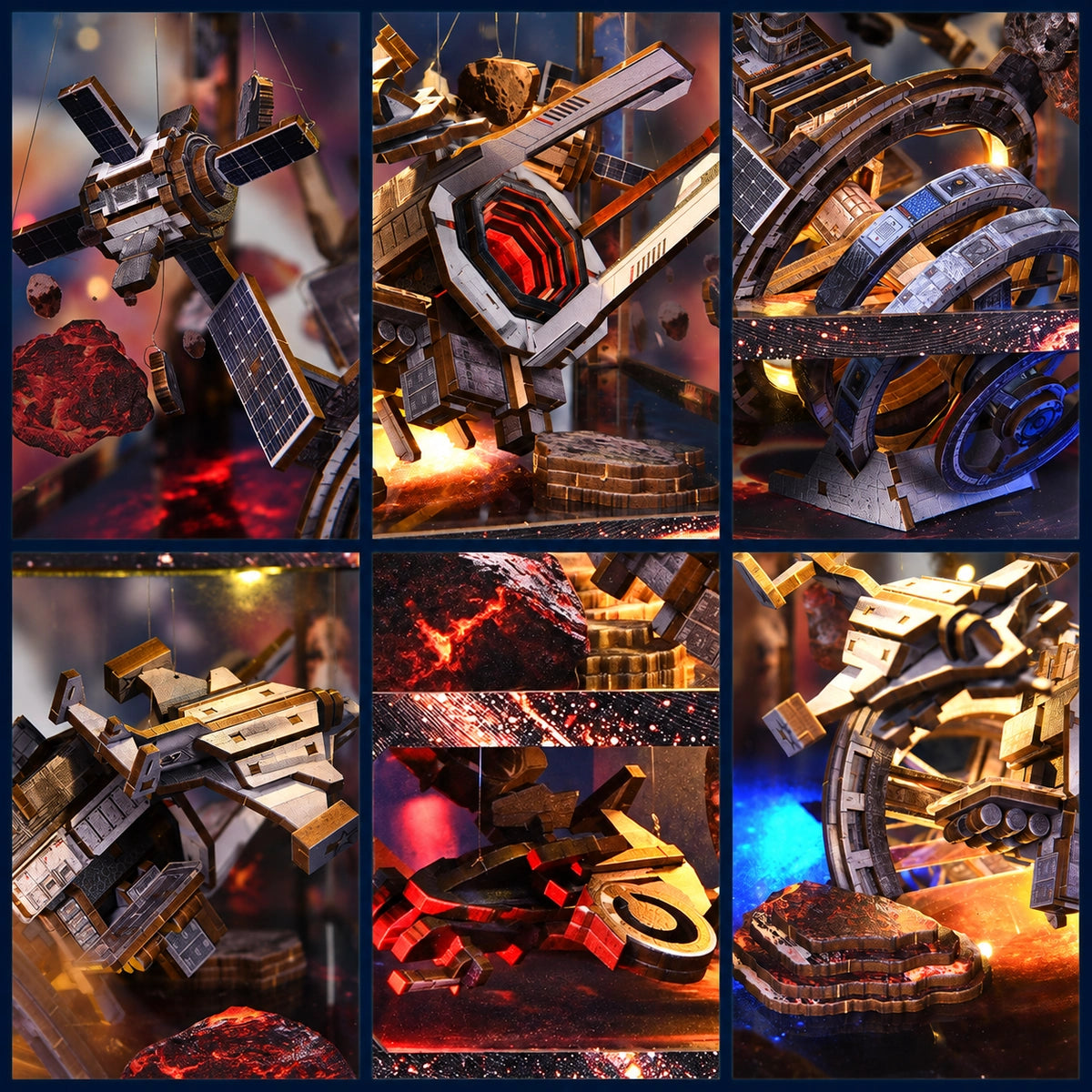 Detailcollage von Satellit, Raumschiff, Ringen und Felslandschaft