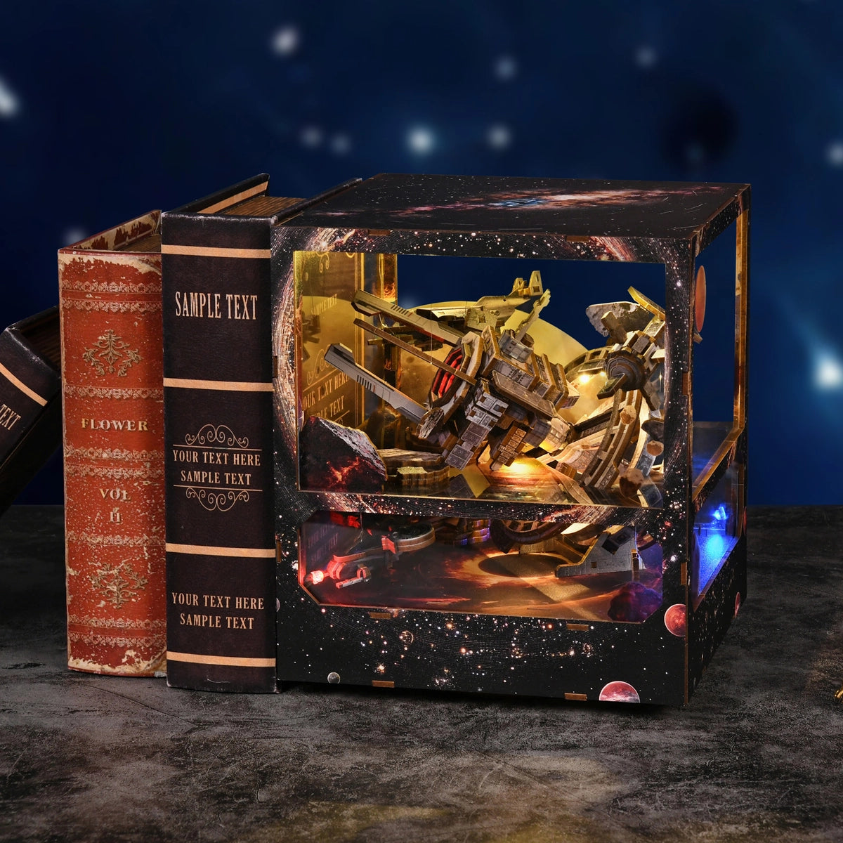 Nebula Wanderer neben Büchern vor inszeniertem Weltraumhintergrund