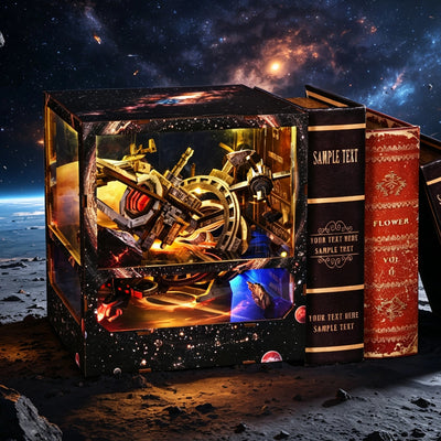 Nebula Wanderer neben Büchern in einer inszenierten Weltraumlandschaft