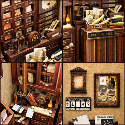 Collage der Postschalter-, Schubladen- und Wanddetails