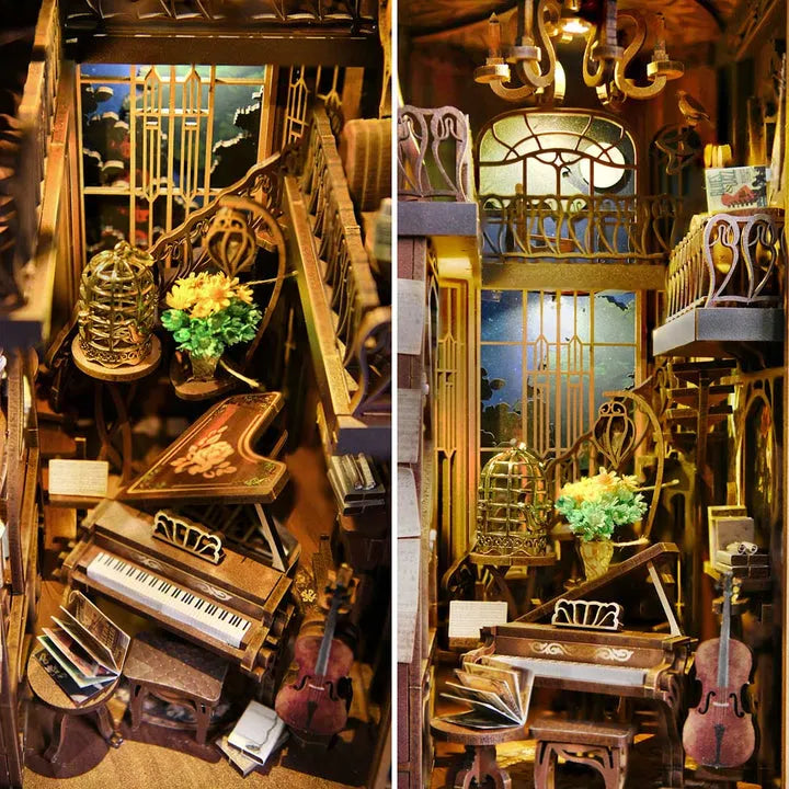 Nahaufnahme des Book Nook - Nightingale Harp Room mit reichhaltigen Details