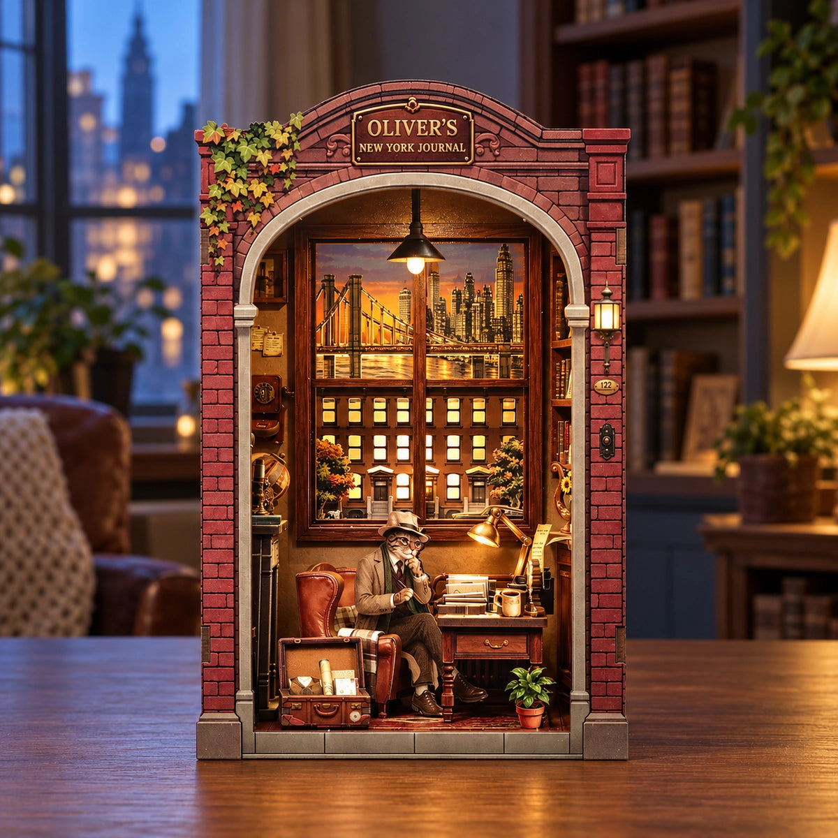 Oliver's New York Journal mit beleuchtetem Stadtmotiv am Fenster