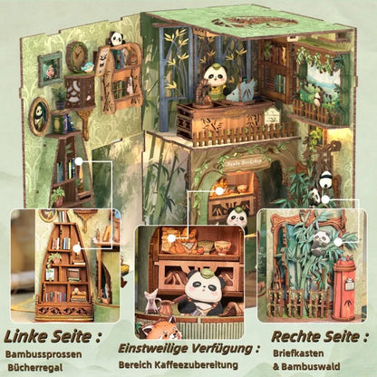 Innenansicht des Book Nook - Panda Bookshop mit detaillierten Dekorationselementen