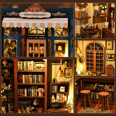 Scaffali, orologio, fiori e angolo lettura della Pergola Reading Room