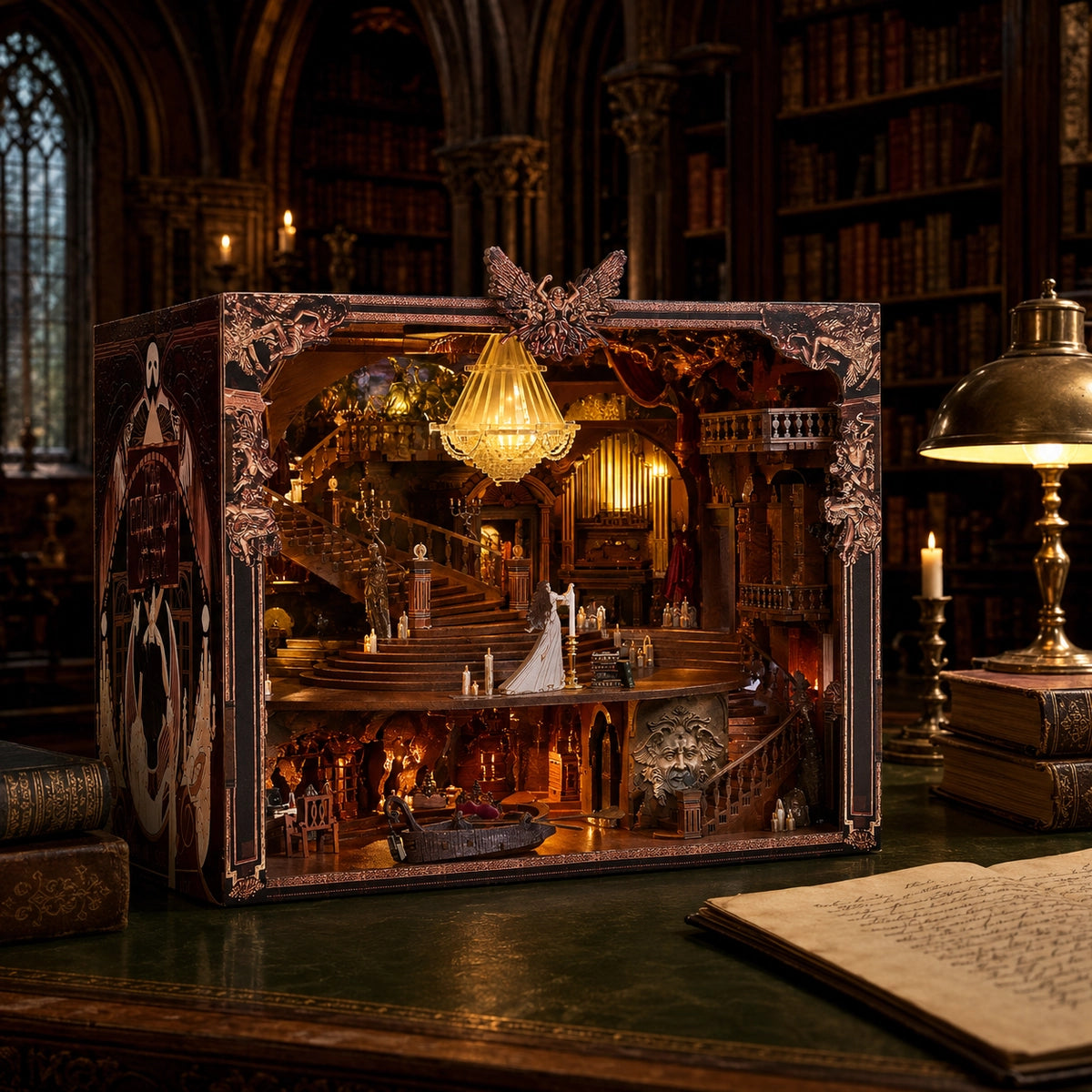 Beleuchtetes Phantom of the Opera Max als dramatische Bibliotheksdekoration