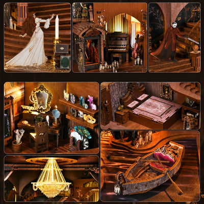 Details von Sängerin, maskierter Gestalt, Garderobe, Kronleuchter und Boot