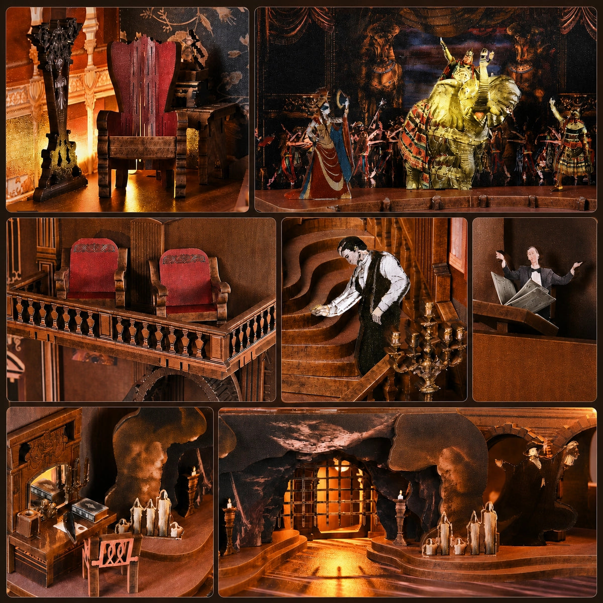Details von Orgel, Opernfiguren, Logen und unterirdischem Gewölbe