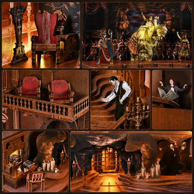 Details von Orgel, Opernfiguren, Logen und unterirdischem Gewölbe