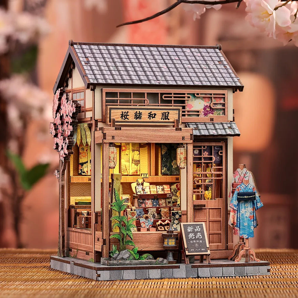 Seitliche Ansicht des Book Nook - Sakura O Kimono Shop mit gut sichtbaren Elementen
