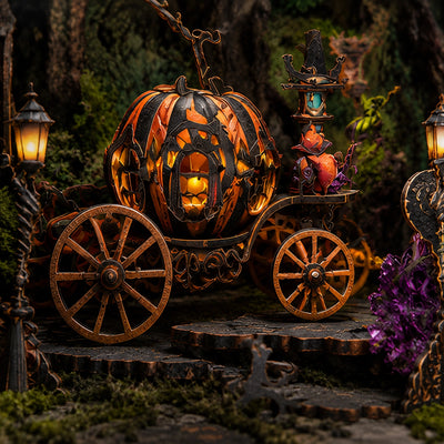 Carrozza-zucca fra rocce e lanterne nel Secret Shadow Book Nook