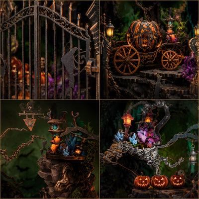 Dettagli di carrozza-zucca, strega, cristalli e lanterne in Secret Shadow
