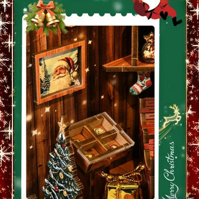 Scaffale in legno con ritratto di Babbo Natale, calze e abete decorato