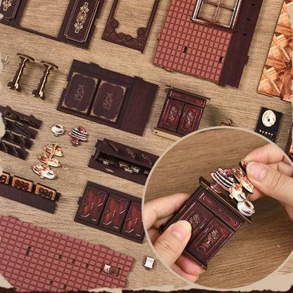 Detailansicht des Book Nook - Sweet Chapter mit präzise geschnittenen Holzteilen aus hochwertigem Material