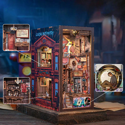 Due facciate del Book Nook con vicolo, bar e stanze arredate
