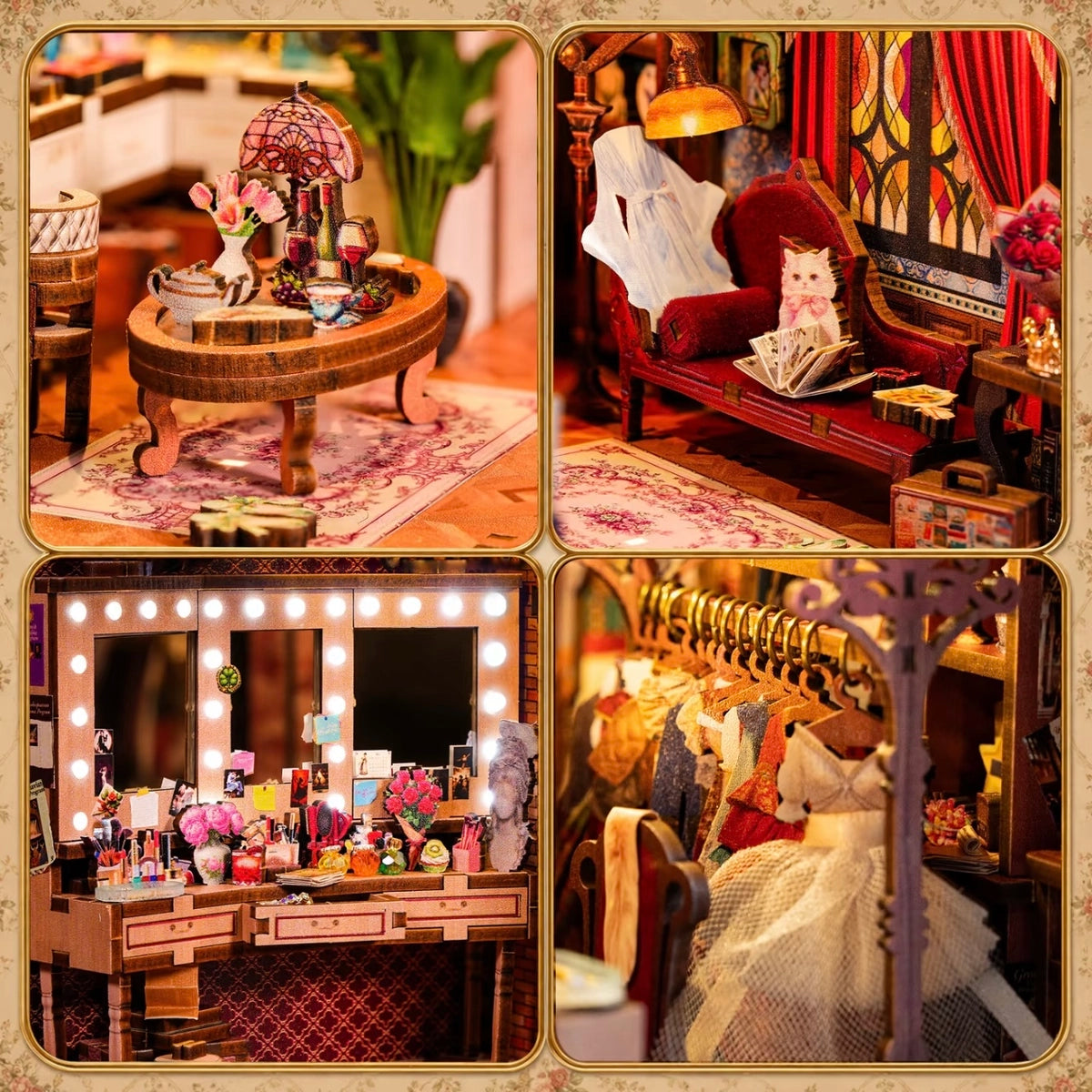 Chaise longue, tavolo da trucco, costumi e parrucche in Theatre Dressing Room