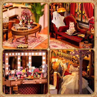 Chaise longue, tavolo da trucco, costumi e parrucche in Theatre Dressing Room