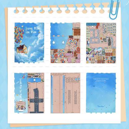 Detailansicht des Book Nook Kit- Travel With The Wind mit präzise geschnittenen Holzteilen aus hochwertigem Material