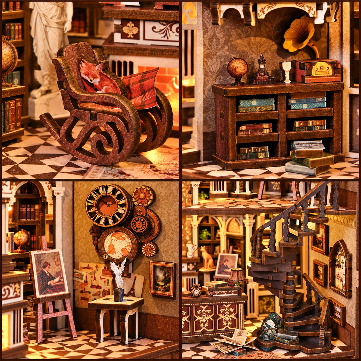 Traveler's Bookstore – Collage con volpe, grammofono e scala