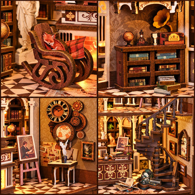 Traveler's Bookstore – Detailcollage mit Fuchsfigur, Grammophon und Treppe