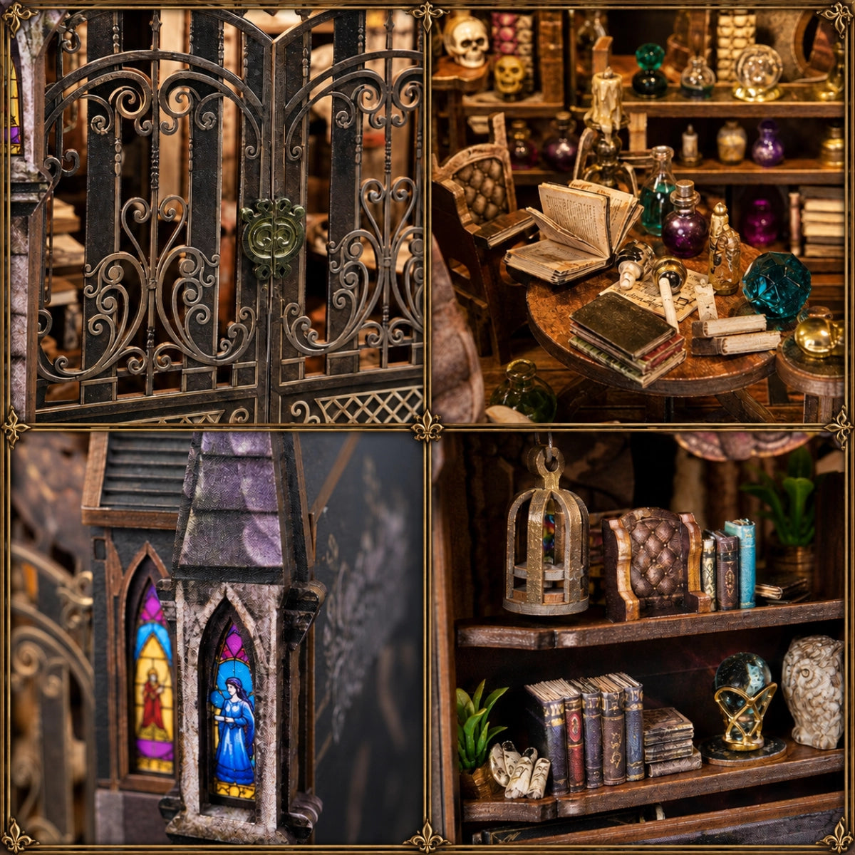 Dettagli del portale, del tavolo delle pozioni, delle finestre e della libreria in miniatura