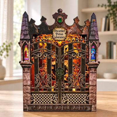 Book Nook Twilight Potion Mystic Realm con portale illuminato e torrette gotiche