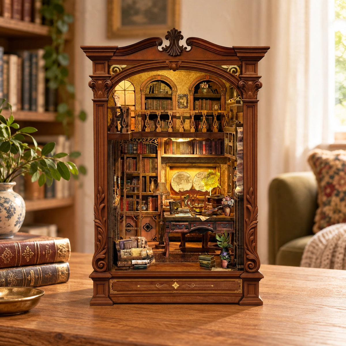 Vintage Archive Book Nook mit verzierter Front, Büchergalerie und beleuchtetem Schreibtisch