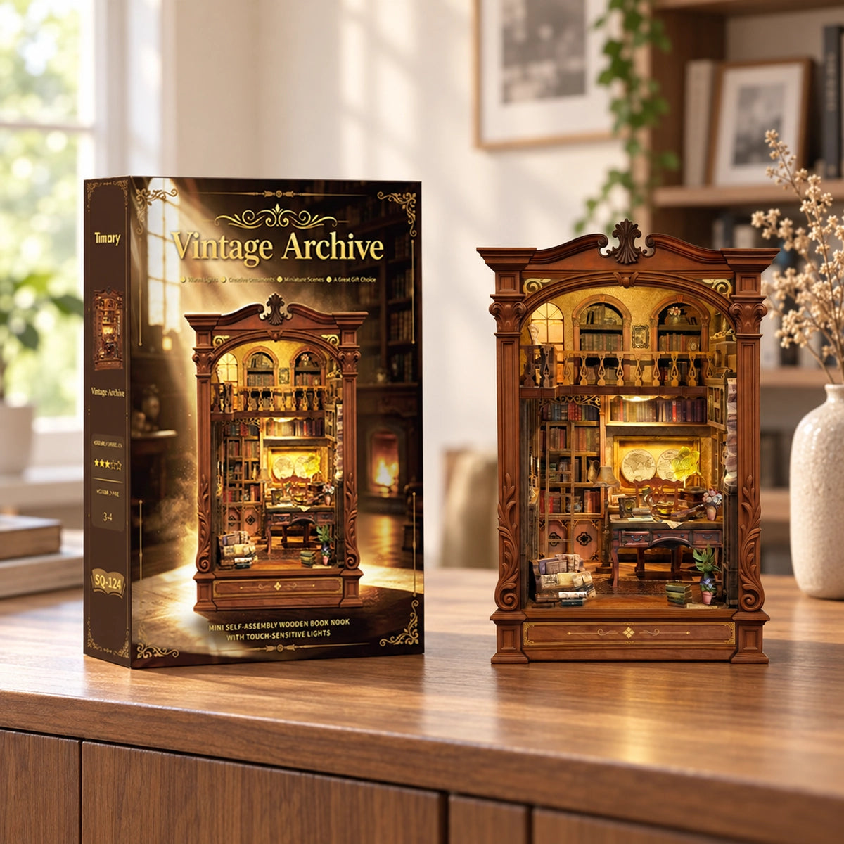 Vintage Archive Bausatz mit Verpackung und aufgebauter Miniaturbibliothek