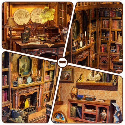 Vier Detailansichten von Schreibtisch, Bücherleiter, Kamin und Miniaturregalen